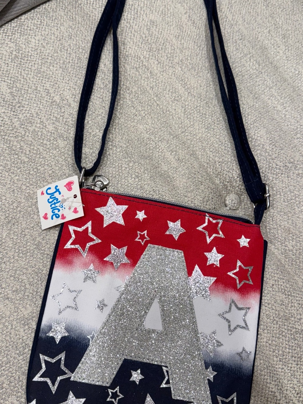 Justice Red White Blue Star Crossbody Bag with Silver Glitter Initial A